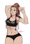  1girl breasts brigitte_(overwatch) brown_eyes brown_hair cleavage clothes_writing commentary hair_ornament hairclip interlocked_fingers long_hair looking_at_viewer medium_breasts midriff mike_nesbitt navel overwatch ponytail short_shorts shorts shoulder_tattoo sidelocks solo sports_bra sweat tattoo toned 