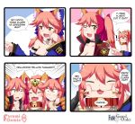  3girls :3 animal_ears apron bell bell_collar blue_ribbon blush bow breasts cat_paws choker cleavage closed_eyes collar detached_sleeves english eyebrows_visible_through_hair fangs fate/grand_order fate_(series) fox_ears fox_tail gameplay_mechanics glasses gloves hair_bow hair_ribbon highres japanese_clothes jingle_bell keita_naruzawa large_breasts long_hair looking_at_viewer maid_headdress multiple_girls one_eye_closed open_mouth paw_gloves paws pink_hair red_ribbon ribbon side_ponytail smile speech_bubble surprised tail tamamo_(assassin)_(fate) tamamo_(fate)_(all) tamamo_cat_(fate) tamamo_no_mae_(fate) tears very_long_hair yellow_eyes 