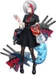  1girl admiral_graf_spee_(azur_lane) aiguillette azur_lane bag bag_of_chips bangs black_dress black_footwear black_legwear blue_eyes breasts bugles buttons charm_(object) chips closed_mouth collared_dress deutschland_(azur_lane) dress eyebrows eyes_visible_through_hair facing_away fingernails fish_tail food full_body hair_between_eyes head_tilt holding iron_cross legs_apart looking_away machinery multicolored_hair nail_polish necktie official_art pantyhose pink_nails ran_(pixiv2957827) red_neckwear redhead reichsadler shoes short_hair short_hair_with_long_locks short_sleeves silver_hair simple_background skull skull_and_crossbones small_breasts solo standing streaked_hair tachi-e tail transparent_background turret two-tone_hair wristband 