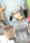  3girls bag bangs black_hair blonde_hair brown_hair casual contemporary covered_navel cup dutch_angle eurasian_eagle_owl_(kemono_friends) grey_hair grey_shirt hair_between_eyes hand_up headphones highres holding holding_cup indoors john_(a2556349) kemono_friends looking_back multicolored_hair multiple_girls northern_white-faced_owl_(kemono_friends) open_mouth shirt shoebill_(kemono_friends) short_hair shoulder_bag solo_focus standing turtleneck upper_body yellow_eyes 