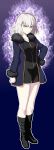  1girl :/ ahoge aoba_(smartbeat) arm_at_side bangs bare_legs black_dress black_footwear blue_jacket boots breasts buckle cleavage closed_mouth dress expressionless eyebrows_visible_through_hair fate/grand_order fate_(series) full_body fur-trimmed_sleeves fur_collar fur_trim hand_on_hip jacket jeanne_d&#039;arc_(alter)_(fate) jeanne_d&#039;arc_(fate)_(all) jewelry knee_boots legs_together long_sleeves looking_at_viewer medium_breasts necklace open_clothes open_jacket pale_skin pendant purple_background short_dress short_hair silver_hair solo standing two-tone_background v-shaped_eyebrows wicked_dragon_witch_ver._shinjuku_1999 yellow_eyes 