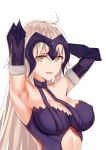  1girl absurdres armpits arms_up blonde_hair blush breasts cleavage derivative_work eyebrows_visible_through_hair fang fate/grand_order fate_(series) headpiece highres jeanne_d&#039;arc_(alter)_(fate) jeanne_d&#039;arc_(fate)_(all) large_breasts long_hair looking_at_viewer parted_lips solo tongue tucao_xiansen upper_body yellow_eyes 