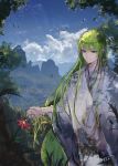  1boy androgynous blue_sky clouds commentary_request day enkidu_(fate/strange_fake) fate/grand_order fate/strange_fake fate_(series) flower green_hair highres long_hair long_sleeves male_focus outdoors rean_(r_ean) red_flower robe signature sky smile solo tree very_long_hair violet_eyes wide_sleeves 