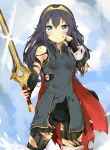  1girl absurdres blue_eyes blue_hair bruise cape fingerless_gloves fire_emblem fire_emblem:_kakusei gloves highres injury lens_flare long_hair looking_at_viewer lucina pants takai_seika tiara torn_cape torn_clothes torn_pants wrist_cuffs 