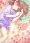  1girl absurdres babydoll bow box brown_eyes brown_hair commentary_request feet_out_of_frame flower hair_bow highres looking_at_viewer lying on_back original pink_bow pink_flower pink_rose puffy_short_sleeves puffy_sleeves romiy rose short_sleeves smile solo 