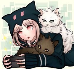  1girl blush cat dangan_ronpa grey_eyes handheld_game_console hood hood_up hooded_jacket jacket komatsuzaki_rui_(style) kurokku-tokei nanami_chiaki open_mouth pink_eyes pink_hair short_hair solo super_dangan_ronpa_2 yellow_eyes 