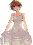  1girl bare_arms bare_shoulders brown_hair closed_mouth commentary_request cowboy_shot dress head_tilt looking_at_viewer original romiy see-through short_hair simple_background skirt_hold sleeveless sleeveless_dress smile solo standing violet_eyes white_background white_dress 