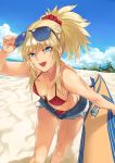  1girl :d beach bikini blonde_hair blue_eyes blurry braid breasts cleavage cutoffs day denim denim_shorts depth_of_field dutch_angle eyewear_on_head fate/grand_order fate_(series) highres leaning_forward looking_at_viewer medium_breasts mordred_(fate)_(all) mordred_(swimsuit_rider)_(fate) ohland open_mouth open_pants outdoors ponytail red_bikini short_shorts shorts sidelocks smile solo surfboard sweat swimsuit 