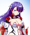  1girl aoba_(smartbeat) arm_guards bangs blue_background blue_eyes blunt_bangs blush breasts center_opening closed_eyes closed_mouth eyebrows_visible_through_hair fate/grand_order fate_(series) gradient gradient_background headgear large_breasts leotard long_hair navel purple_hair revealing_clothes saint_martha shiny shiny_hair shiny_skin smile solo stomach straight_hair strapless strapless_leotard upper_body white_leotard 