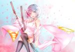  1girl bangs bare_shoulders bell black_legwear blush breasts brown_eyes cherry_blossom_print china_dress chinese_clothes comah commentary_request dress eyebrows_visible_through_hair head_tilt holding holding_sword holding_weapon jingle_bell katana looking_at_viewer medium_breasts multicolored_hair original petals pink_dress pink_hair print_dress shawl sheath silver_hair sleeveless sleeveless_dress solo sword thigh-highs two-tone_hair unsheathing upper_teeth weapon 