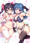  2girls :d :p armband armpits ayuma_sayu babydoll bare_shoulders bent_elbow bent_knee black_bra black_gloves black_hair black_legwear black_panties black_vs_white blue_bow blue_hair blush bow bra breasts brown_eyes choker commentary_request earrings fang garter_belt gloves hair_between_eyes hair_bow hand_up interlocked_fingers jewelry large_breasts lingerie long_hair looking_at_viewer love_live! love_live!_school_idol_project multiple_girls navel no_shoes one_side_up open_mouth panties red_bow revision side-tie_panties simple_background small_breasts smile standing standing_on_one_leg thigh-highs tongue tongue_out tsushima_yoshiko twintails underwear underwear_only violet_eyes w white_background white_gloves white_legwear white_panties yazawa_nico 
