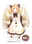  1girl 2017 bangs blush_stickers bow bowtie brown_background brown_bow brown_neckwear brown_ribbon character_name chestnut_mouth collared_dress commentary_request dated dress drill_hair eyebrows_visible_through_hair fairy_wings frilled_sleeves frills full_body furim hat hat_ribbon heel_raised highres juliet_sleeves leaf leaf_background long_sleeves looking_at_viewer luna_child moon_phases moon_print open_mouth orange_eyes orange_hair puffy_sleeves ribbon ribbon-trimmed_legwear ribbon_trim shiny shiny_hair side_drill signature socks solo standing sun_print tareme thick_eyebrows tongue touhou two-tone_background white_background white_dress white_hat white_legwear wide_sleeves wings 