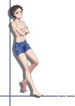  1boy absurdres bare_legs barefoot black_hair blush brown_eyes closed_mouth collarbone crossed_arms expressionless from_behind full_body highres karakai_jouzu_no_takagi-san looking_at_viewer looking_to_the_side male_swimwear navel nishikata shirt_lift stomach swim_trunks swimwear toes white_background 