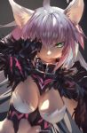  1girl ahoge animal_ears artist_name atalanta_(alter)_(fate) azomo breasts cleavage_cutout collar fate/grand_order fate_(series) green_eyes highres long_hair looking_at_viewer medium_breasts multicolored_hair parted_lips pink_hair sidelocks silver_hair smile solo two-tone_hair 