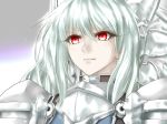  1girl armor breastplate closed_mouth commentary_request eyebrows_visible_through_hair eyelashes frown highres minarai_tenna original pauldrons plate_armor red_eyes silver_hair solo v-shaped_eyebrows 