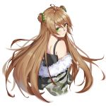  1girl ahoge bangs bare_shoulders blush bow breasts brown_hair camouflage_coat choker coat cropped_torso double_bun dress eyebrows_visible_through_hair floating_hair from_behind fur-trimmed_coat fur_trim girls_frontline green_bow green_eyes hair_bow long_hair looking_at_viewer looking_back medium_breasts off_shoulder open_clothes rfb_(girls_frontline) shoulder_blades sidelocks simple_background smile solo tsuaaa very_long_hair white_background 