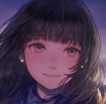  1girl bangs blunt_bangs brown_hair closed_mouth commentary_request earrings eyebrows_visible_through_hair jewelry looking_at_viewer original portrait purple_background romiy smile solo star star_earrings violet_eyes 