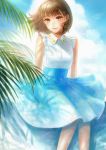  1girl absurdres blue_skirt blue_sky brown_eyes brown_hair clouds cloudy_sky commentary_request day eyebrows_visible_through_hair feet_out_of_frame high-waist_skirt highres looking_at_viewer original outdoors palm_tree parted_lips romiy shirt short_hair sitting skirt sky smile solo tree white_shirt 