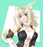  1girl :d ahoge animal_ears bare_shoulders black_dress blonde_hair blue_eyes breasts cat_ears cat_tail commentary_request detached_sleeves dress eyebrows_visible_through_hair final_fantasy final_fantasy_xiv green_background hair_intakes highres large_breasts looking_at_viewer minarai_tenna miqo&#039;te open_mouth smile solo tail upper_body whisker_markings 