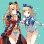  2girls blonde_hair bow commentary_request djeeta_(granblue_fantasy) dress finger_to_mouth gauntlets gloves granblue_fantasy hair_bow kimi_to_boku_no_mirai long_hair multiple_girls naruse_chisato panties pauldrons ponytail short_hair striped striped_panties underwear vira_lilie 