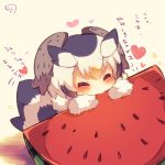  1girl beige_background bird_tail black_hair blush chibi closed_eyes closed_mouth eating food fruit fur_collar fur_trim heart kemono_friends multicolored_hair muuran northern_white-faced_owl_(kemono_friends) signature solo sparkle translation_request two-tone_hair watermelon white_hair 