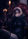  1girl armchair banner blonde_hair blurry blurry_background breasts candle chair commentary_request depth_of_field fate/grand_order fate_(series) glowing glowing_eyes grey_legwear highres holding jeanne_d&#039;arc_(alter)_(fate) jeanne_d&#039;arc_(fate)_(all) lantern large_breasts looking_at_viewer orange_eyes rean_(r_ean) sitting smile smirk solo thigh-highs 