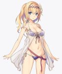  1girl bikini blonde_hair blue_eyes breasts cleavage commentary_request cowboy_shot eyebrows_visible_through_hair flower front-tie_bikini front-tie_top granblue_fantasy hair_flower hair_ornament hairband halterneck jeanne_d&#039;arc_(granblue_fantasy) kikuchi_seiji long_hair looking_at_viewer medium_breasts navel o-ring_bikini o-ring_top parted_lips purple_bikini side-tie_bikini side_ponytail simple_background solo strap_slip swimsuit 