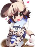  1girl :d african_wild_dog_(kemono_friends) african_wild_dog_ears african_wild_dog_print african_wild_dog_tail blonde_hair boots brown_eyes brown_hair commentary_request heart highres hug kemono_friends looking_at_viewer lucky_beast_(kemono_friends) makuran open_mouth pantyhose pantyhose_under_shorts print_legwear print_sleeves shirt short_over_long_sleeves short_shorts shorts smile squatting white_footwear white_shirt 