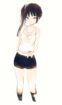 1girl arms_behind_back bare_shoulders boyshorts brown_hair contrapposto grey_eyes hair_ornament hair_scrunchie long_hair looking_at_viewer lpip original parted_lips scrunchie shirt side_ponytail simple_background sketch sleeveless sleeveless_shirt solo standing tied_shirt white_background 