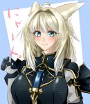  1girl ahoge animal_ears blonde_hair blue_eyes blush breasts cat_ears closed_mouth commentary_request eyebrows_visible_through_hair final_fantasy final_fantasy_xiv gloves hair_between_eyes hair_intakes highres huge_breasts looking_at_viewer minarai_tenna miqo&#039;te paw_pose short_hair smile solo 