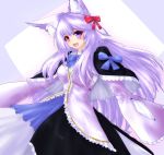  1girl :d absurdres animal_ears black_dress blue_bow blush bow breasts dress eyebrows_visible_through_hair fox_ears hair_bow heterochromia highres large_breasts long_dress long_hair long_sleeves looking_at_viewer minarai_tenna open_mouth original purple_hair red_bow red_eyes sleeves_past_fingers smile solo standing upper_body violet_eyes 