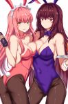  2girls absurdres animal_ears bare_shoulders bow bowtie breasts bunny_girl bunny_tail bunnysuit cleavage covered_navel detached_collar fake_animal_ears farys_(afopahqfw) fate/grand_order fate_(series) hair_intakes highres large_breasts leotard long_hair looking_at_viewer medb_(fate/grand_order) multiple_girls pantyhose pink_hair pink_leotard purple_hair purple_leotard rabbit_ears red_eyes scathach_(fate/grand_order) strapless strapless_leotard tail tiara wrist_cuffs yellow_eyes 