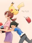  &gt;_&lt; 1boy 1girl ahoge baseball_cap black_hair blush breasts brown_eyes brown_hair gen_1_pokemon hanako_(pokemon) hat highres hug hug_from_behind long_hair mature mother_and_son ochi_(lokun) open_mouth pikachu pokemon pokemon_(anime) pokemon_(creature) pokemon_sm_(anime) ponytail satoshi_(pokemon) skirt smile surprised 