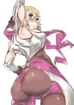  1girl :o arm_up armpit_cutout ass ass_cutout black_legwear blonde_hair blush bodysuit bow breasts cleavage_cutout commentary_request djeeta_(granblue_fantasy) domino_mask erect_nipples granblue_fantasy hand_on_hip highres mask medium_breasts pantyhose rama_(amaru) short_hair solo white_background wrestler_(granblue_fantasy) wrestling_mask wrestling_outfit yellow_bow 