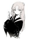  1girl branch cherry_blossoms eyebrows_visible_through_hair greyscale hair_bun holding japanese_clothes kimono long_hair long_sleeves looking_at_viewer lpip mole mole_under_eye monochrome original ponytail sleeves_past_wrists smile solo 