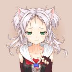  1girl :3 american_flag anchor_symbol animal_ears azur_lane bangs black_gloves blush breasts cat_ears collarbone dress elbow_gloves fingerless_gloves flag_print floating_hair gloves green_eyes long_hair looking_at_viewer mana_p necktie pointing pointing_at_viewer sidelocks silver_hair simple_background sims_(azur_lane) small_breasts smile smirk solo two_side_up white_hair 