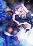  armadillon artoria_pendragon_(all) ass black_panties blue_dress blue_gloves blue_legwear blurry bodystocking bokeh boots cape christmas_tree cosplay depth_of_field dress eyebrows_visible_through_hair fate/grand_order fate_(series) from_behind fur_trim gloves green_eyes hair_between_eyes highres jack_the_ripper_(fate/apocrypha) leg_up looking_at_viewer pale_skin panties pantyhose parted_lips pleated_dress sack santa_alter santa_alter_(cosplay) short_dress short_hair stitches thigh-highs thigh_boots thighband_pantyhose underwear white_hair 