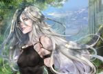  1girl blue_eyes blue_sky kairiwhisper long_hair looking_at_viewer nier_(series) nier_automata outdoors sky solo tree white_hair yorha_type_a_no._2 