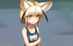 1girl animal_ears bangs bare_shoulders blonde_hair blunt_bangs brown_eyes collarbone commentary_request extra_ears eyebrows_visible_through_hair eyes_visible_through_hair fennec_(kemono_friends) fox_ears frown kemono_friends name_tag one-piece_swimsuit short_hair signature solo swimsuit upper_body welt_(kinsei_koutenkyoku) 