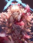 1girl armor bare_shoulders bikini_bottom blonde_hair breasts cleavage elbow_gloves frown gauntlets gloves granblue_fantasy hair_ribbon highres horns long_hair michudx navel red_eyes ribbon solo torn_clothes vira_lilie wavy_hair 