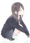  1girl ama_mitsuki bangs blazer blush brown_eyes brown_hair closed_mouth dated from_side full_body jacket lips loafers long_hair original pleated_skirt profile school_uniform shoes simple_background skirt solo squatting tsurime twitter_username white_background white_skirt 