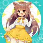  1girl :d animal_ears bangs blush bow breasts brown_eyes brown_hair cat_ears cat_girl cat_tail collared_shirt commentary_request dated eyebrows_visible_through_hair fang fingernails hair_between_eyes hand_up high-waist_skirt long_hair long_sleeves looking_at_viewer open_mouth original pk_(mukasihasakana) shirt signature skirt small_breasts smile solo tail thigh-highs very_long_hair white_legwear white_shirt yellow_bow yellow_skirt 