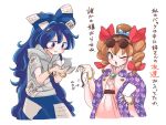  2girls :&gt; ;o animal ant bangle blue_bow blue_eyes blue_hair blue_skirt blush bow bracelet brown_eyes brown_hair brown_hat centipede commentary_request debt dress drill_hair eyewear_on_head hair_bow hair_ribbon hand_on_hip hands_up hat hat_bow holding holding_animal hood hood_down hoodie insect itatatata jacket jewelry long_hair looking_at_viewer mouse multiple_girls necklace one_eye_closed open_clothes open_jacket pink_dress purple_jacket red_ribbon ribbon ring siblings simple_background sisters skirt smile sunglasses top_hat touhou translation_request twin_drills white_background white_bow yorigami_jo&#039;on yorigami_shion 