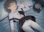  1girl bed_sheet black_skirt brown_hair closed_eyes commentary_request hat hat_removed hatoba_tsugu hatoba_tsugu_(character) headwear_removed long_sleeves lying mu-pyon on_back open_mouth panties panties_under_pantyhose pantyhose pillow short_hair skirt sleeping solo underwear virtual_youtuber white_legwear 