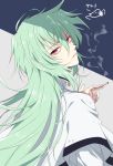  1boy androgynous between_fingers cigarette eteraito expressionless green_hair hair_between_eyes highres kannazuki_no_miko long_hair looking_at_viewer male_focus multiple_sleeves red_eyes simple_background smoke solo tsubasa_(knm) very_long_hair 
