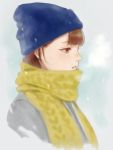  1girl beanie blush breath brown_eyes brown_hair commentary_request grey_background hat original parted_lips romiy scarf short_hair snowing solo upper_body yellow_scarf 