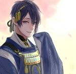  1boy commentary_request hair_between_eyes hand_up japanese_clothes long_sleeves looking_at_viewer male_focus mikazuki_munechika parted_lips purple_hair romiy sleeves_past_fingers smile solo touken_ranbu upper_body violet_eyes wide_sleeves 