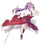  1girl boots bracelet hair_ribbon highres holding holding_sword holding_weapon jewelry katana long_hair looking_at_viewer necktie petals ponytail purple_hair ribbon rokuwata_tomoe simple_background smile solo sword touhou violet_eyes watatsuki_no_yorihime weapon white_background 