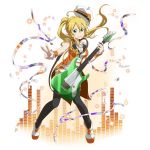  1girl black_legwear blonde_hair breasts cleavage floating_hair full_body green_eyes grin guitar hair_between_eyes hat holding holding_instrument instrument leafa long_hair looking_at_viewer medium_breasts orange_shorts outstretched_arm pointy_ears ponytail short_shorts shorts simple_background sleeveless smile solo standing sword_art_online thigh-highs v very_long_hair white_background white_hat wrist_cuffs zettai_ryouiki 