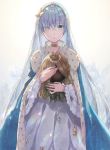  1girl anastasia_(fate/grand_order) bangs blue_eyes cape choker crossed_bangs crown doll dress eyebrows_visible_through_hair eyes_visible_through_hair fate/grand_order fate_(series) hair_between_eyes hair_over_one_eye hairband highres holding holding_doll ice jewelry long_hair looking_at_viewer mini_crown royal_robe shun-syun silver_hair solo standing very_long_hair white_dress winter 